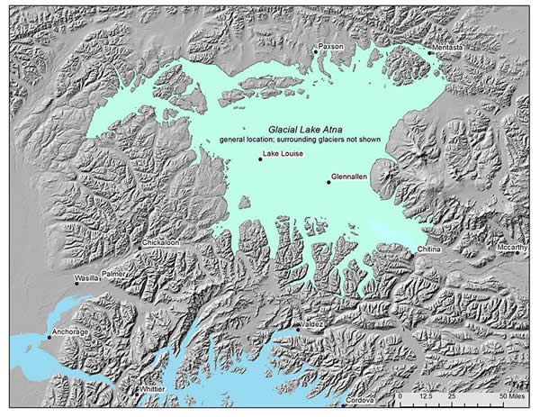 The possible boundaries of ancient Lake Atna, a giant water body that existed thousands of years ago. Courtesy of Michael Wiedmer