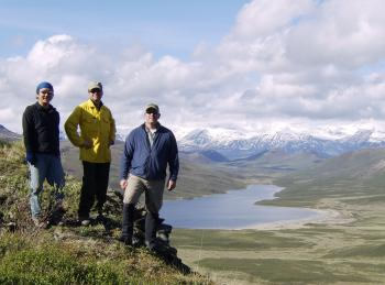 From left, Yoshi Kobayashi, Tony Fiorillo and Tom Adams in the Wrangell Mountains near where they discovered dinosaur tracks.  Photo courtesy Tony Fiorillo.  